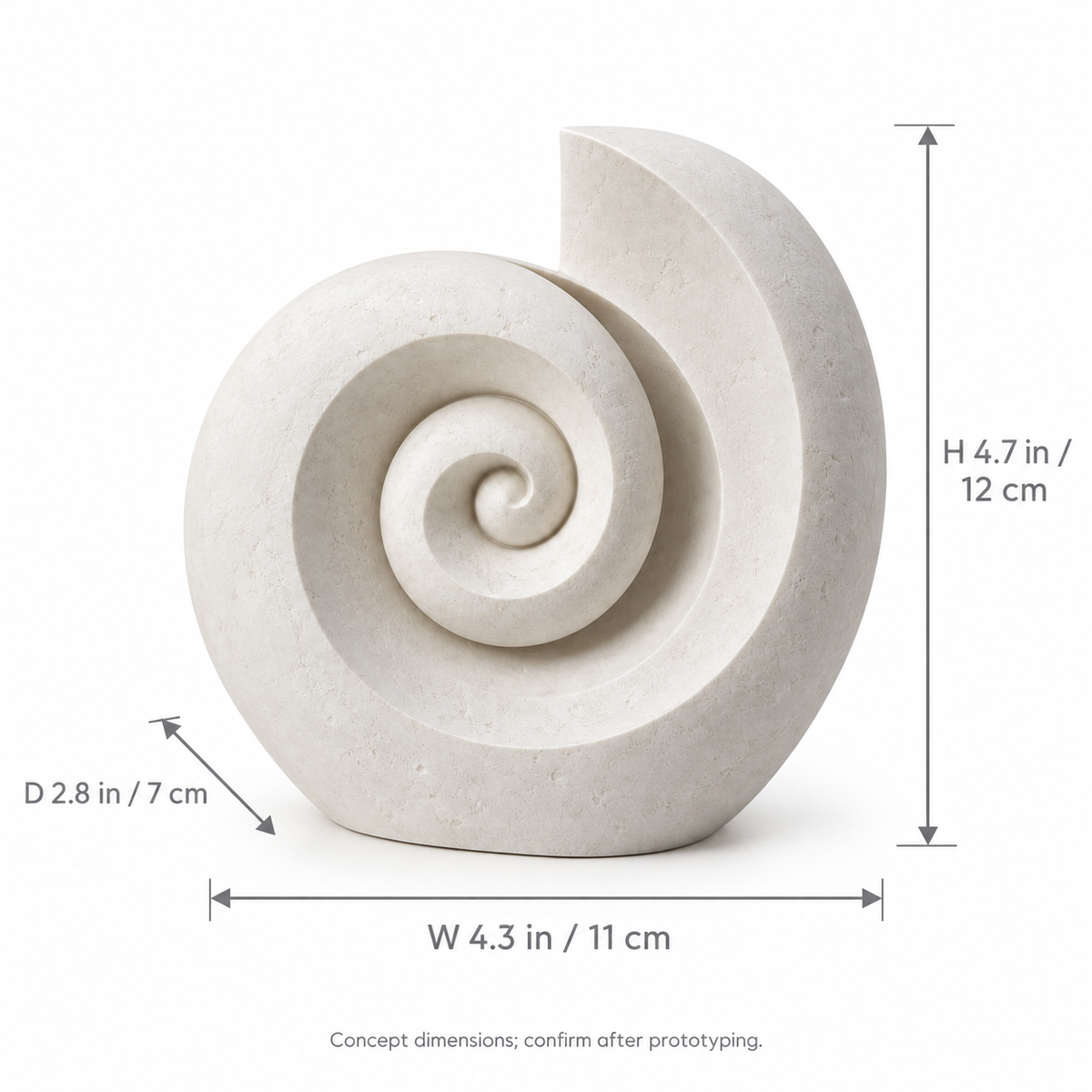 Spiral Shell tabletop sculpture in Shell White: size view