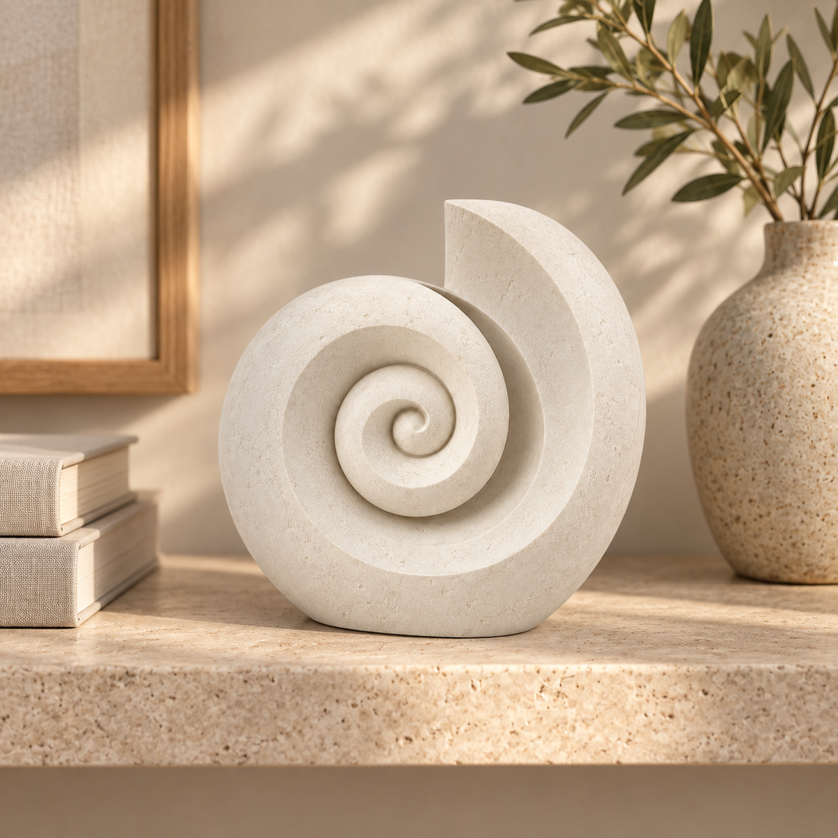 Spiral Shell tabletop sculpture in Shell White: shelf view