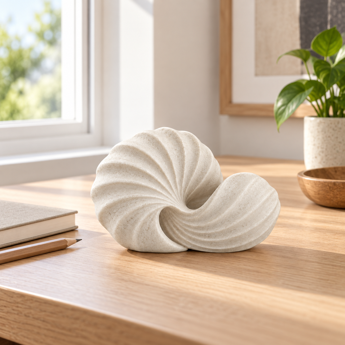 Tidal Line tabletop sculpture in Shell White: desk view
