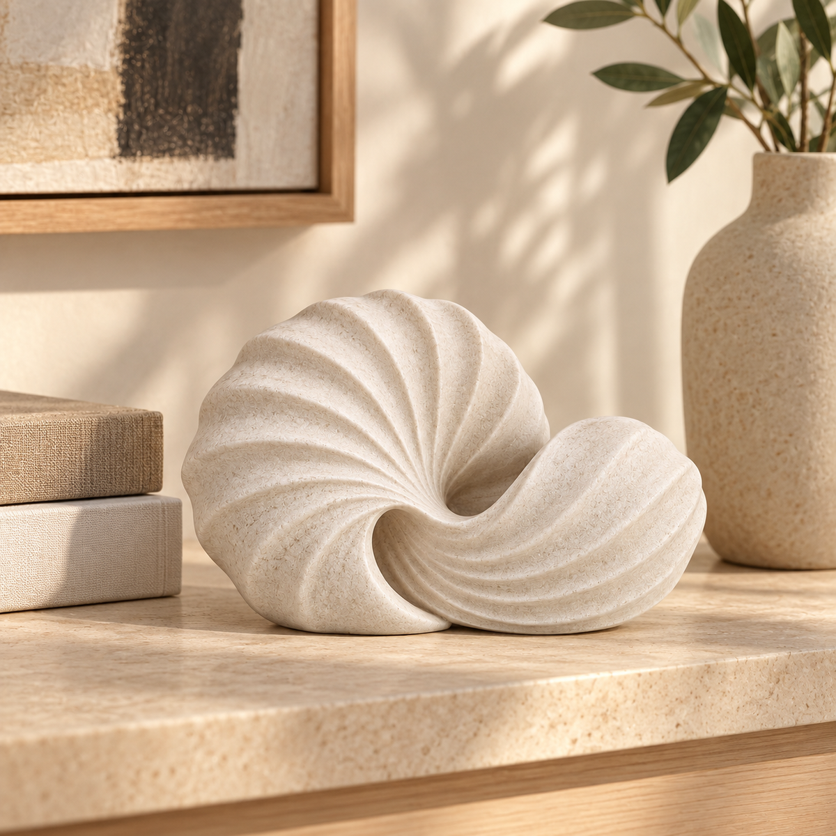 Tidal Line tabletop sculpture in Shell White: shelf view