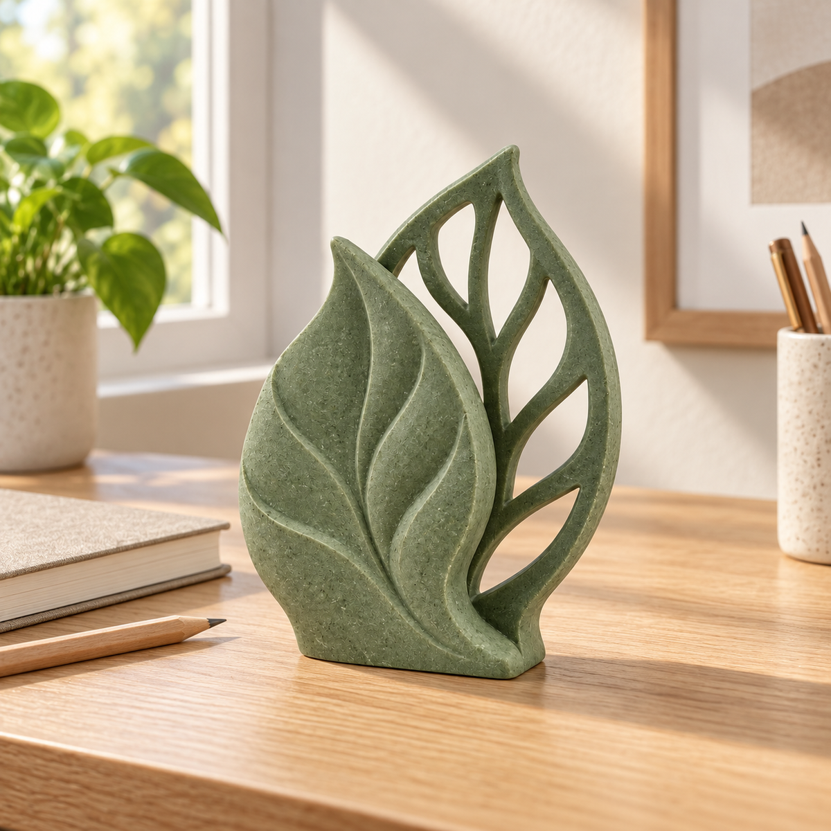 Leaf Shadow tabletop sculpture in Muted Sage Green: desk view