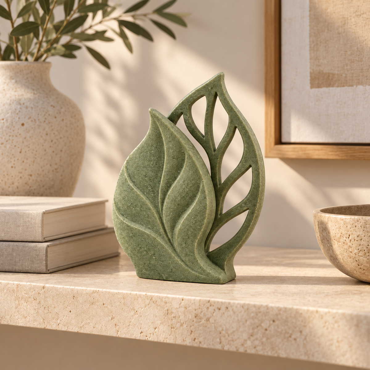 Leaf Shadow tabletop sculpture in Muted Sage Green: shelf view
