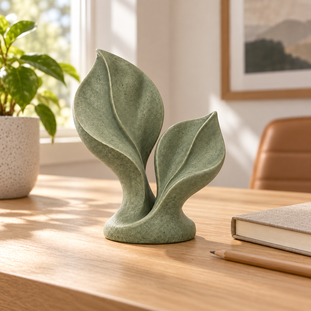 Pairing tabletop sculpture in Muted Sage Green: desk view