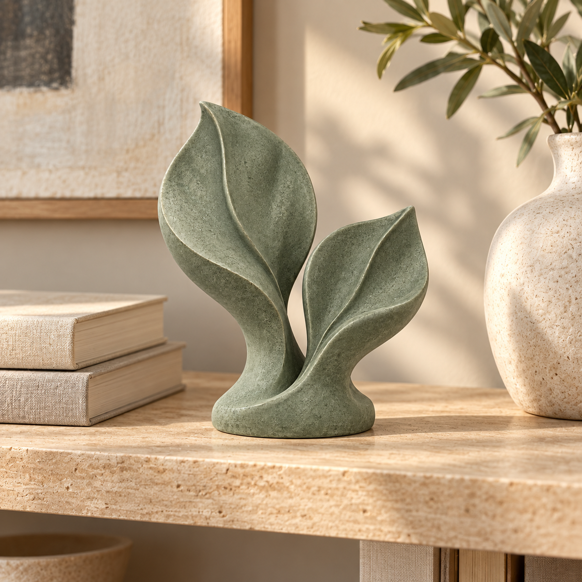 Pairing tabletop sculpture in Muted Sage Green: shelf view