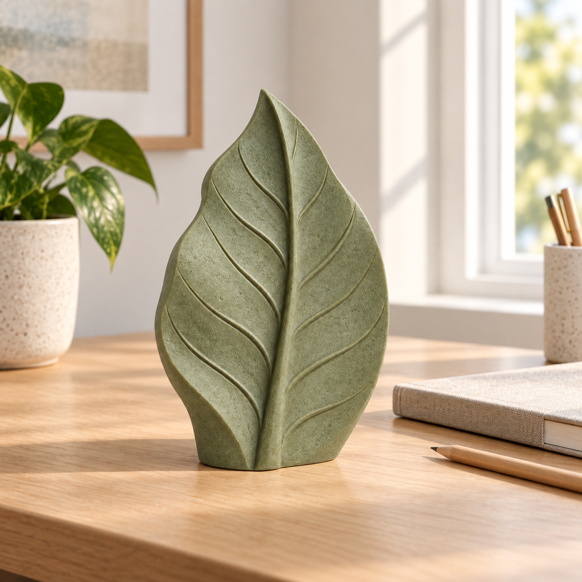 Vein tabletop sculpture in Muted Sage Green: desk view