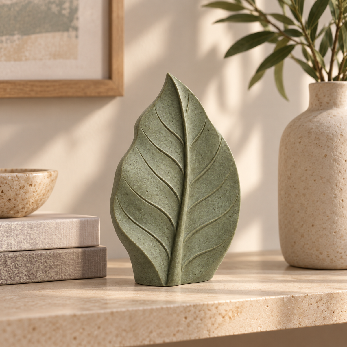 Vein tabletop sculpture in Muted Sage Green: shelf view