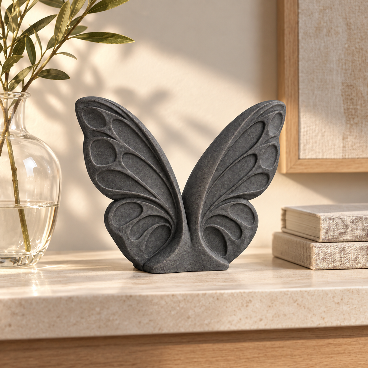 Open Wings tabletop sculpture in Charcoal: shelf view